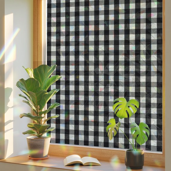 Vintage Black Buffalo Plaid Window Privacy Film, Rainbow Film Decorative Window Sticker 17.7x39.3in, Country Checkerboard Sun Blocking Static Stained Glass Cling Tint Non-Adhesive