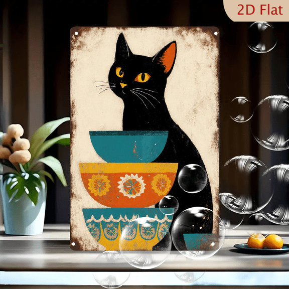 Vintage Black Cat Art Print, 8x12 Inches Metal Wall Decor with Colorful Stacked Bowls, Retro Folk Aesthetic, Mid-Century Graphic Design, Distressed Texture for Home Office Living Room