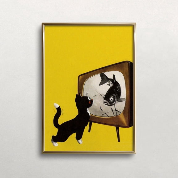 Vintage Black Cat Art Print: Funny Cat Tv Poster UNFRAMED PAPER POSTER, Home Decor