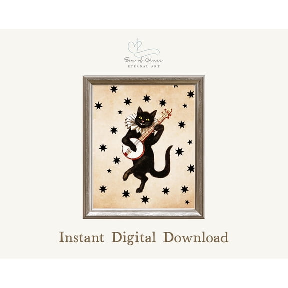 Vintage Black Cat Banjo Poster Retro Starry Wall Art Poster Warm Present Vintage UNFRAMED Poster Size 24x36
