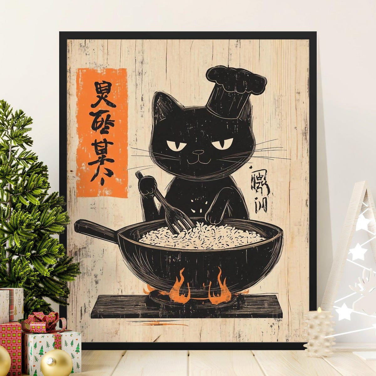 black cat chef art print: boho kitchen cooking poster... Vintage Black Cat Chef Cooking Poster, Japanese Style Cat Artwork ...