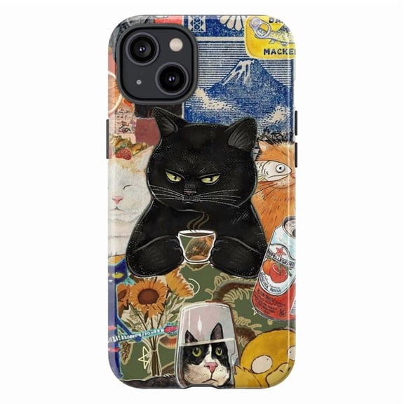 Vintage Black Cat Coffee Collage Phone Case, Aesthetic Artistic iPhone Cover with Retro Cat Design, Case for iPhone 17 16 15 14 13 12 11 Pro Plus Mini
