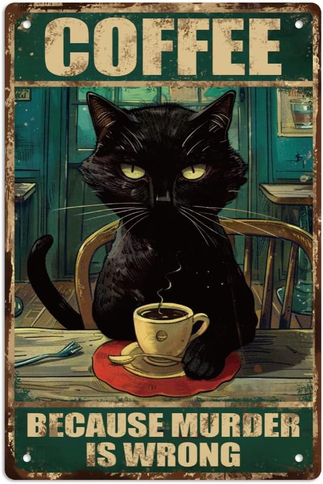 Coffee Because Murder Is Wrong Funny Black Cat Sign Wall Decor Sign Vintage Poster Cute Cat Gift (912)