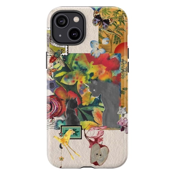 Vintage Black Cat Collage Phone Case, Colorful Flower & Butterfly Scrapbook Cover for iPhone 17 16 15 14 13 12 11 Pro Plus Mini
