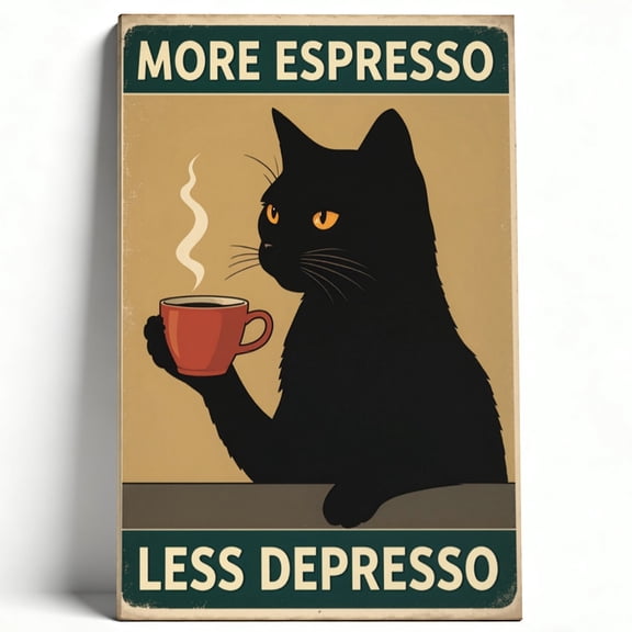 Vintage Black Cat Espresso Coffee Canvas Wall Art, Humorous Minimalist Aesthetic Premium Matte Finish Gallery Wrapped, Funny Kitchen Café Dining Decor 8*12