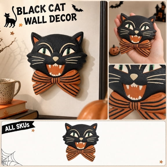 Vintage Black Cat Face with Bow Wall Decor, 15.8" Retro Resin Black Cat Head Wall Hanging, Halloween Spooky Cute Wall Art for Entryway & Mantel
