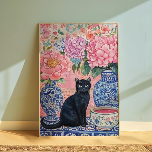 Vintage Black Cat Floral Wall Art, Unframed Canvas Size 24x36