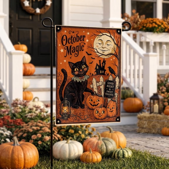 Vintage Black Cat Halloween Garden Flag, Spooky Outdoor Yard Decor
