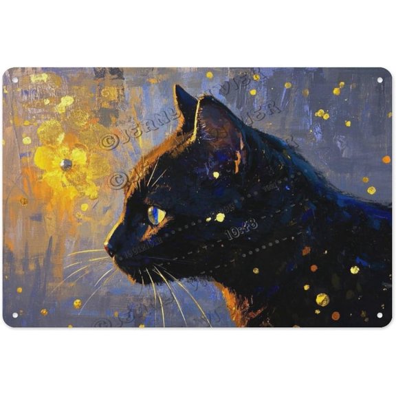 Vintage Black Cat Metal Sign 12x16 Inch Retro Tin Art for Bedroom, Living Room, and Cat Lover Housewarming Gift