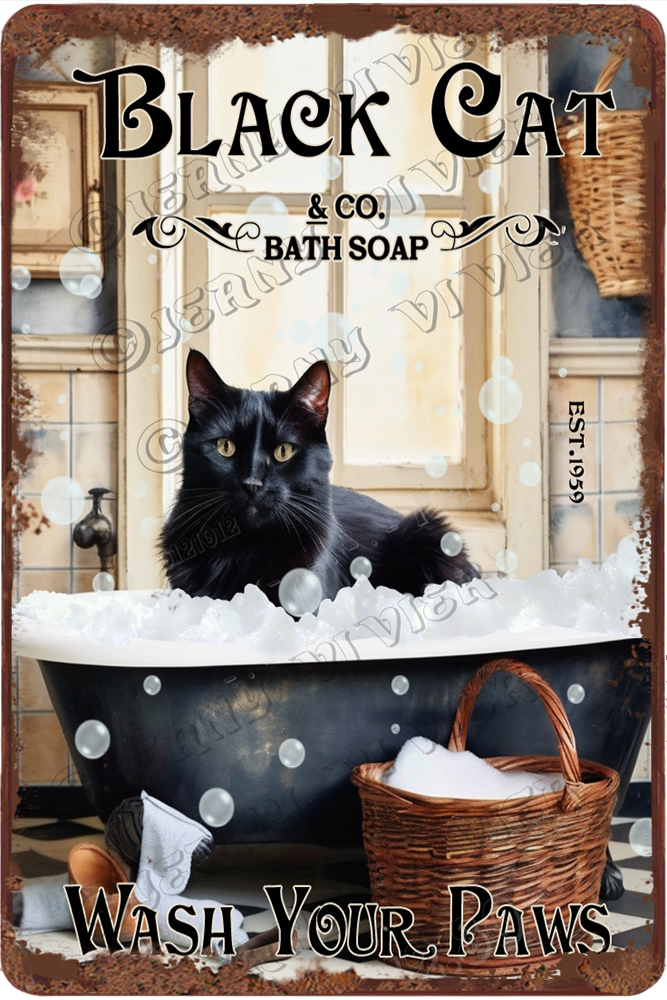 Vintage Black Cat Metal Sign, Wash Your Paws Signs, Funny Cat Sign Wall ...