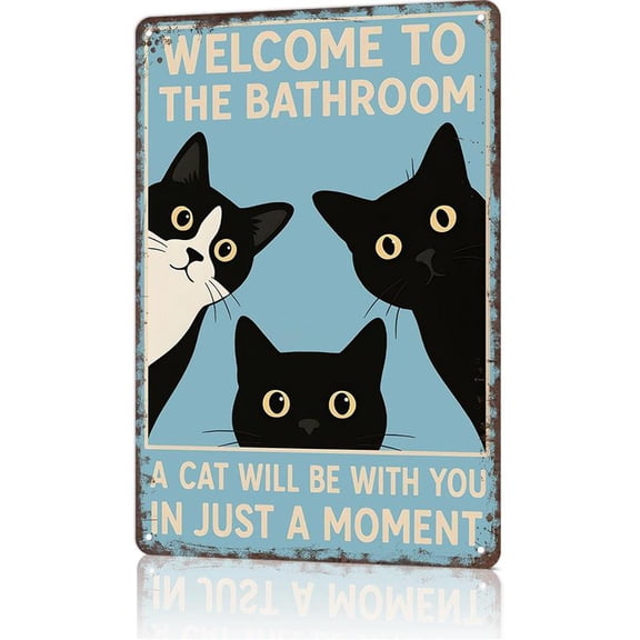 Vintage Black Cat Metal Sign-"Welcome To The Bathroom A Cat Will Be With"Funny Tin Signs Poster For Bathroom Home Dorm Decor 8 X 12 Inch