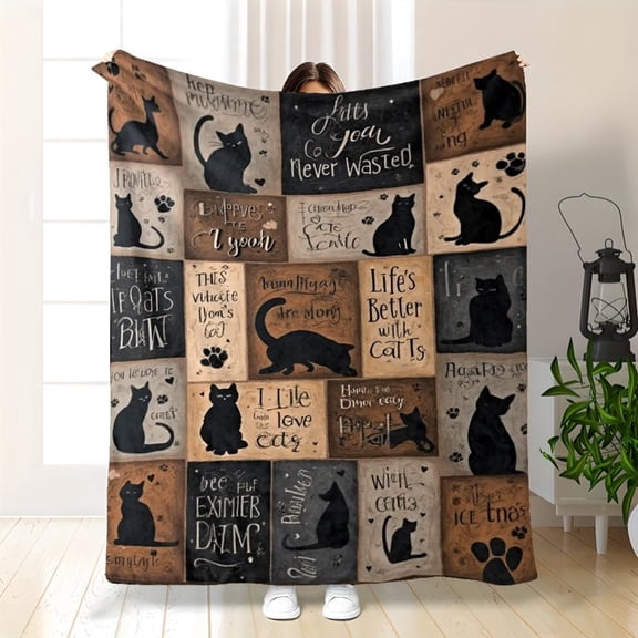 Vintage Black Cat Patchwork Print Flannel Throw Blanket, Choose From 30 x 40, 40 x 50, 50 x 60, 60 x 80 Inches, Soft Cozy Blanket for Couch