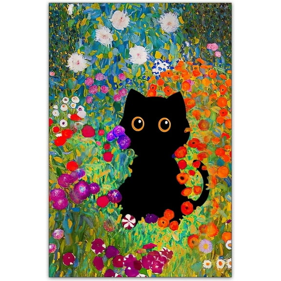 Vintage Black Cat Poster Impressionist Colorful Flower Garden Canvas Wall Art Famous Art Prints Funny Cat Pictures for Gallery Bedroom Wall Decor Unframed