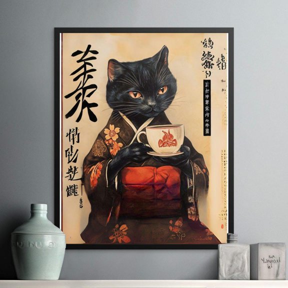 Vintage Black Cat Poster, Japanese Inspired Art Print, Unique Cat Lovers Decor, Wall Art for Home Office, Quirky Gift for Cat Enthusiasts, 8x12
