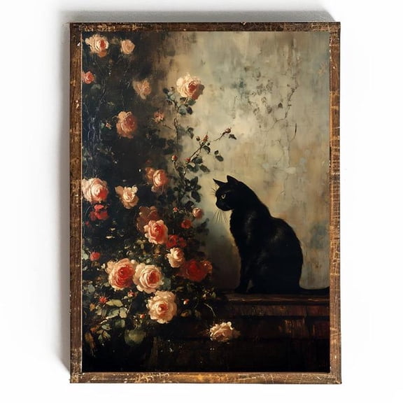 Vintage Black Cat Print Floral Cat Wall Art Cottagecore Cat Decor Floral Wall Art Victorian Cat Vintage Art Gift For Cat Mom Gift #1849, Unframed Canvas Size 8x12