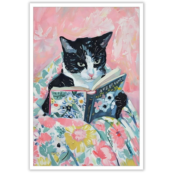 Vintage Black Cat Reading Flower Book On The Bed Posters Pink Funny Animal Canvas Wall Art Girls Study Room Book Lover Prints Painting For Bedroom Dorm Wall Decor Perfect holiday gift