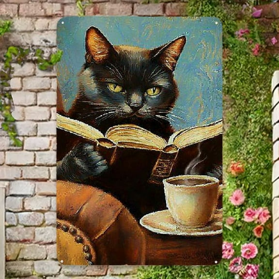 Vintage Black Cat Reading Metal Wall Sign - Animal Themed Decorative Tin Plaque, Multipurpose Wall Hanging for Home, Office & Library, Festive Decor for Christmas, Halloween, Easter