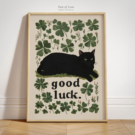 Vintage Black Cat Shamrock Print, St Patrick's Day Decor, Funny Cat Clover Wall Poster Unframed Paper Print