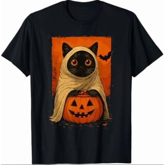 Vintage Black Cat Shirt, Funny Pumpkin Ghost Spooky Halloween Women’s Tee