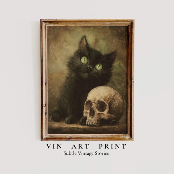 Vintage Black Cat Skull Wall Art Gothic Decor, Stretched Canvas Size 8x12