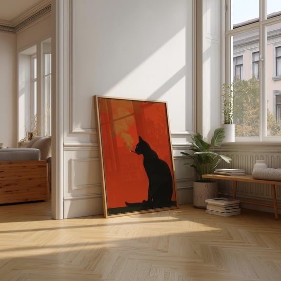 Vintage Black Cat Smoking Art Print, Retro Surreal Cat Wall Decor, Gothic Dark Feline Illustration For Home Or Office #2642, Stretched Canvas Size 12x18