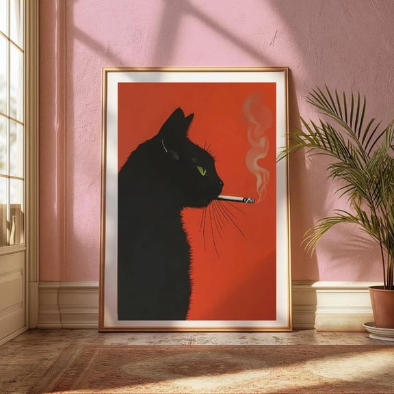 Vintage Black Cat Smoking Cigarette, Retro Whimsical Poster, Size 24''x36''-Gategoo