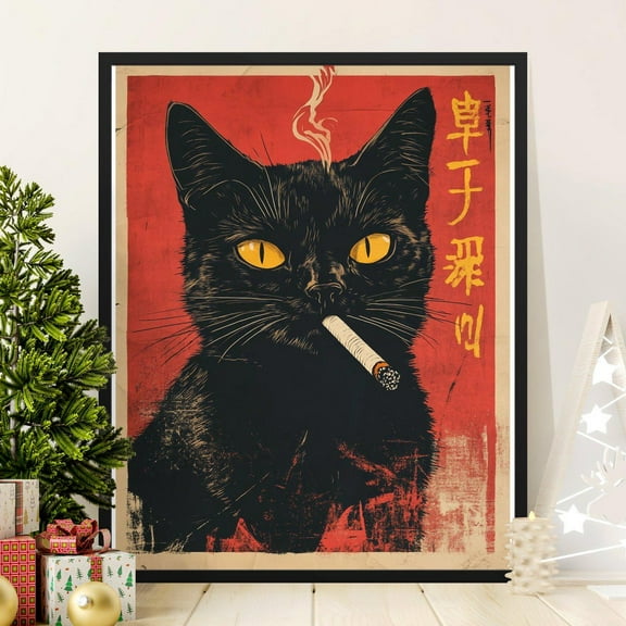 Vintage Black Cat Smoking Poster, Retro Art Decor, Unique Wall Print, Cat Lover Gift, Eccentric Home Decor, Artistic Cat Print, 8x12