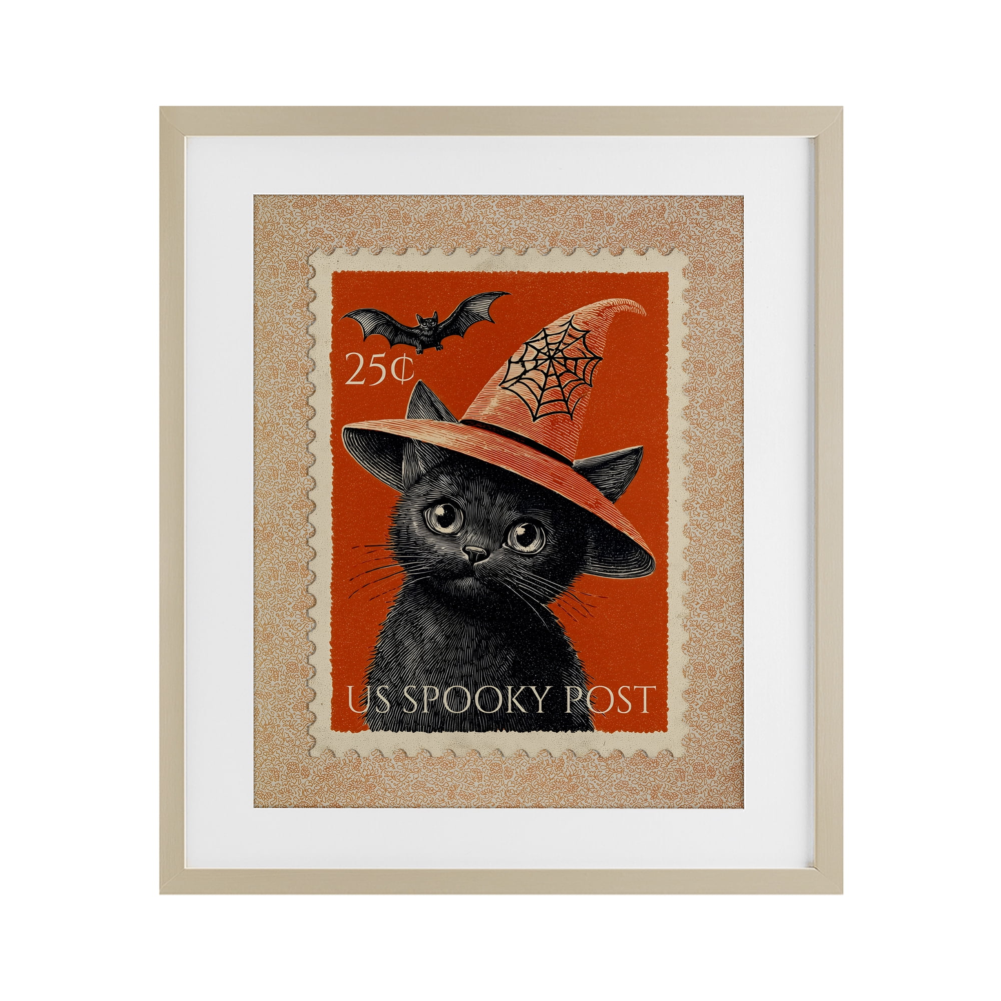 Vintage Black Cat Stamp Birch Framed Print Under Glass, design by Arlington Prints