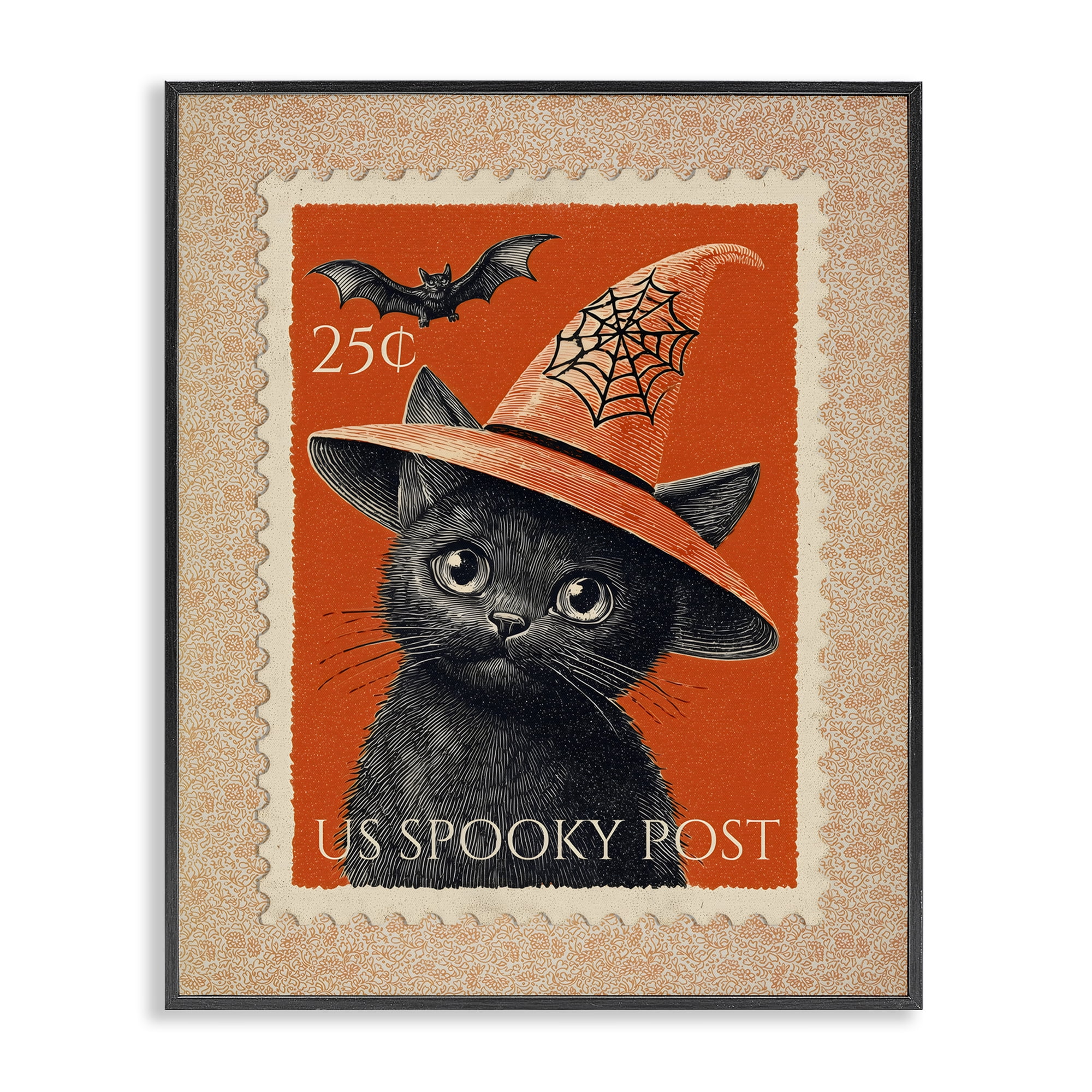 Vintage Black Cat Stamp Black Framed Giclee Art, design by Arlington Prints
