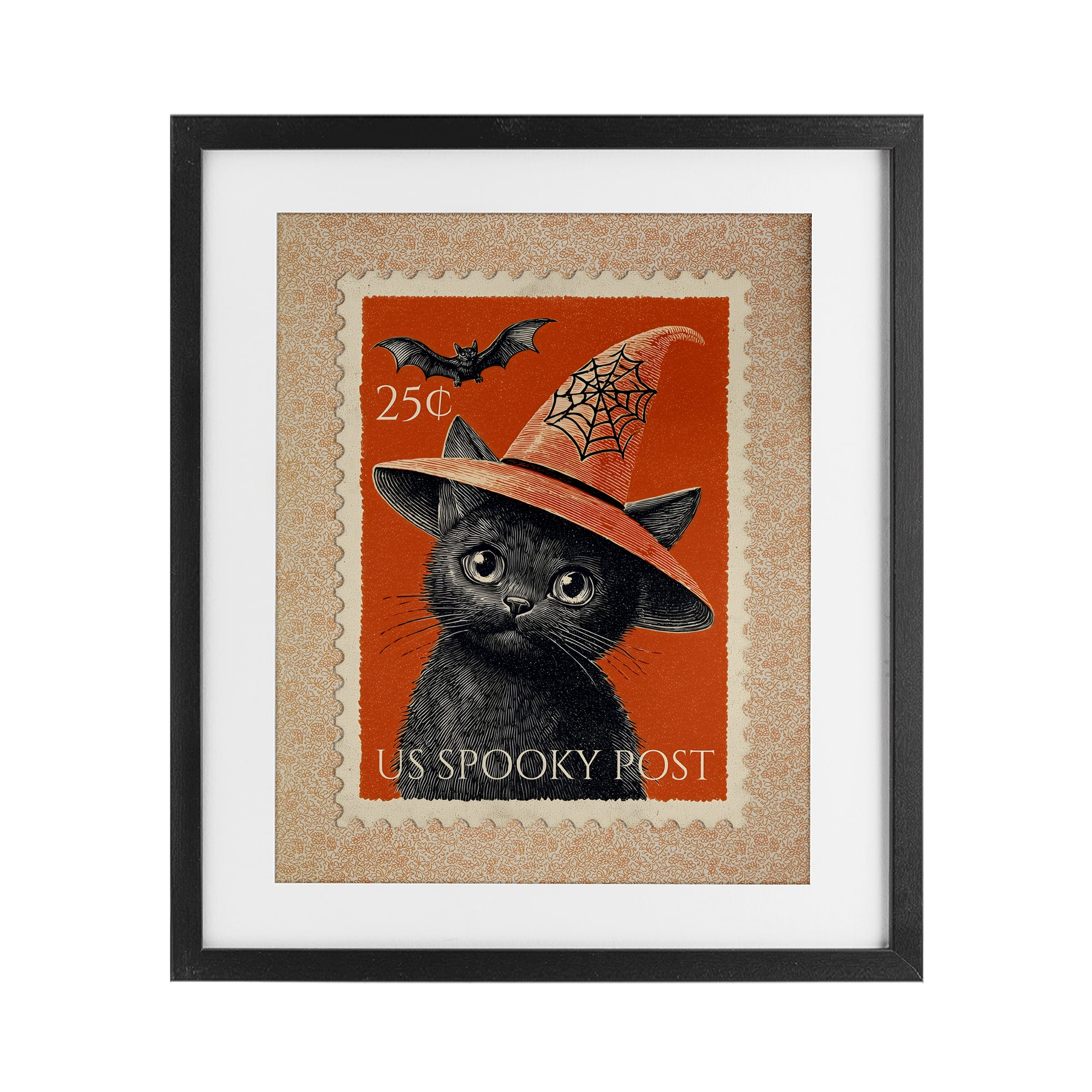 Vintage Black Cat Stamp Black Framed Print Under Glass, design by Arlington Prints