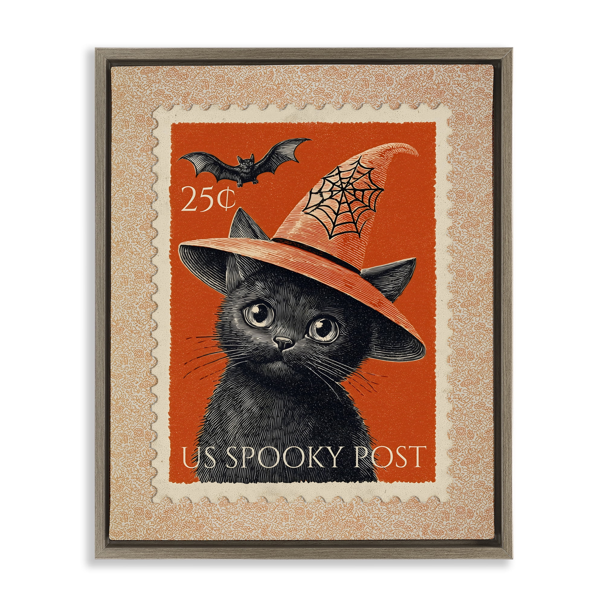 Vintage Black Cat Stamp Brown Framed Floater Canvas Wall Art, design by Arlington Prints