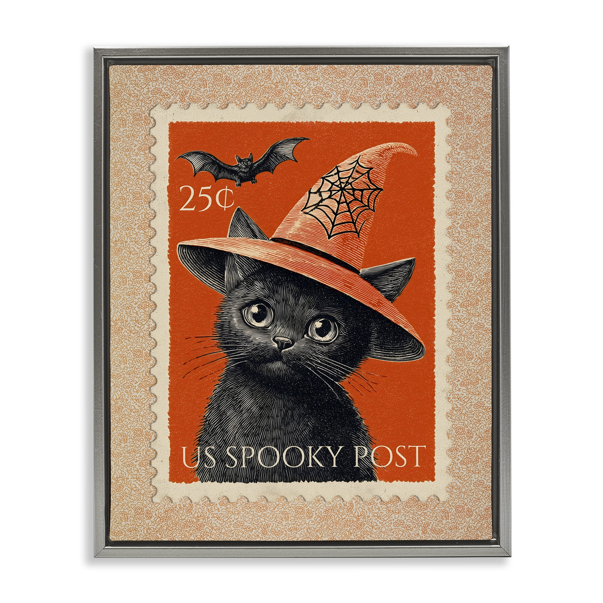 Vintage Black Cat Stamp Gray Framed Floater Canvas Wall Art, design by Arlington Prints