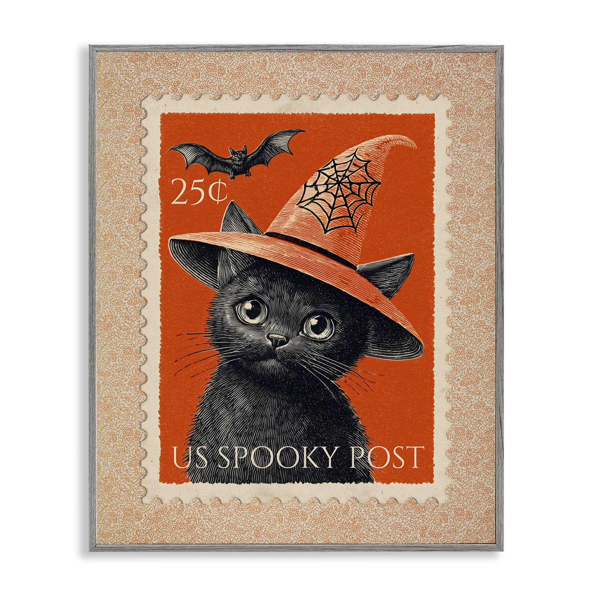 Vintage Black Cat Stamp Gray Framed Giclee Art, design by Arlington Prints