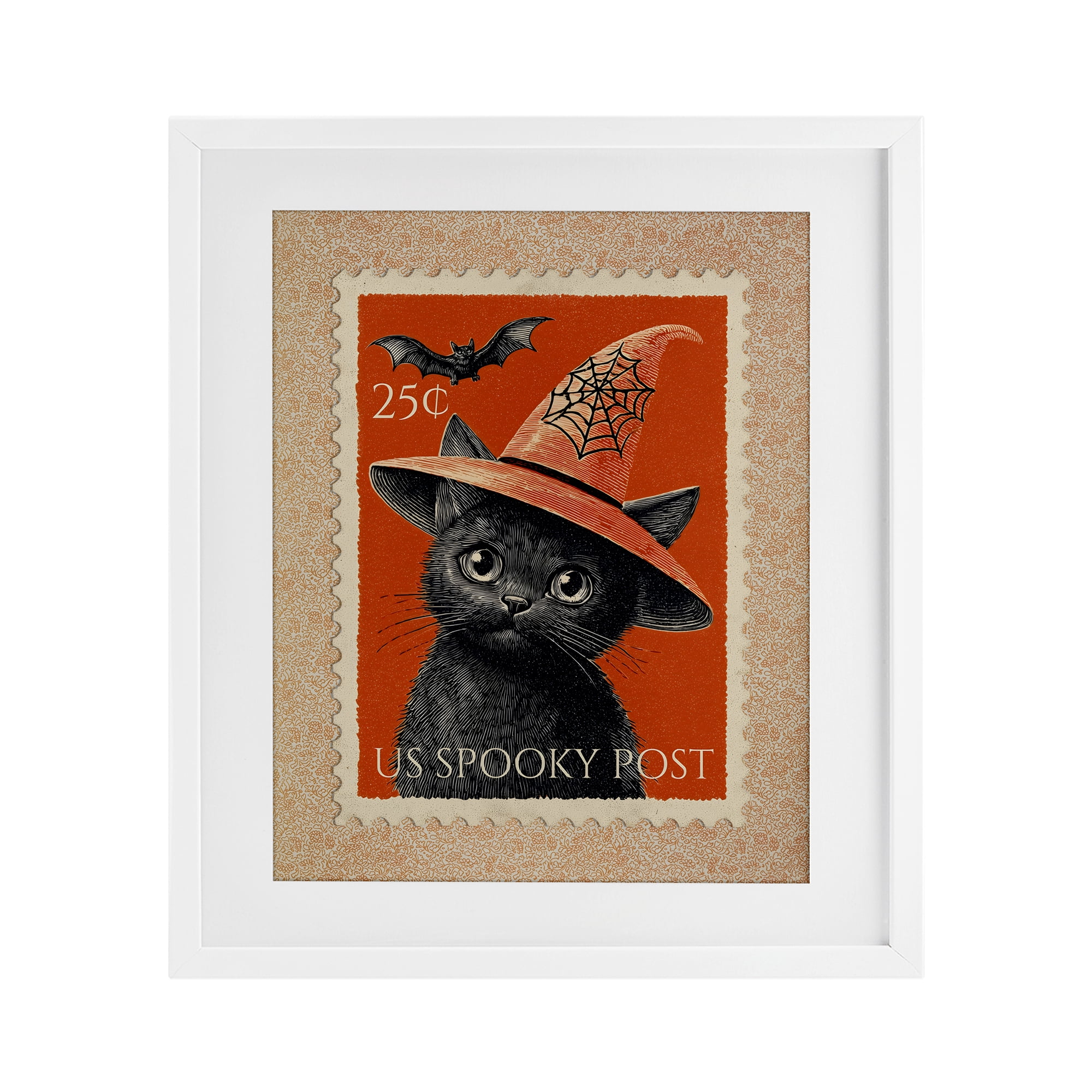 Vintage Black Cat Stamp White Framed Print Under Glass, design by Arlington Prints
