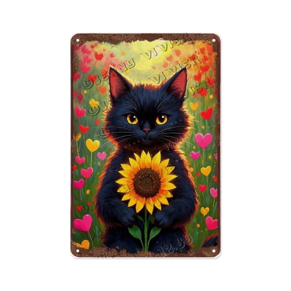 Vintage Black Cat Sunflower Metal Sign 8x12 Inch Rustic Wall Decor for Animal Lovers and Gothic Cat Fans | Great Birthday or New Home Gift Idea for Pet Lovers