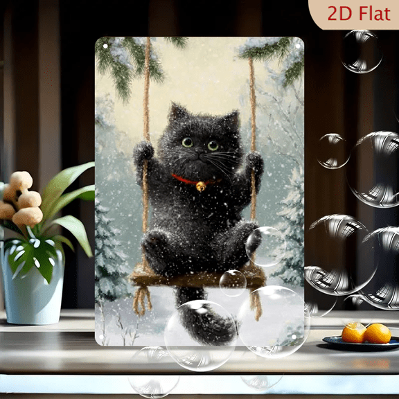 Vintage Black Cat on Swing Metal Tin Sign - Multipurpose Wall Hanging Decor, Strong Durable Iron Plate with Pre-Drilled Holes - Whimsical Christmas Decoration, No Electricity Needed, 8x12 inches.