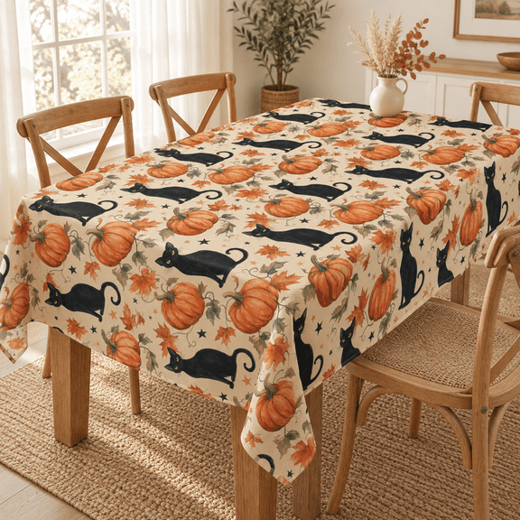 Vintage Black Cat Tablecloth, Pumpkin & Autumn Leaf Print, Cream Table Cover for - 54 x 54 in