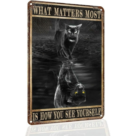 Vintage Black Cat Tin Sign - What Matters Most, Is how You See Yourself, Funny Metal Sign Black Cat Gift Bathroom Wall Decor 8X12 Inch