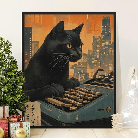 Vintage Black Cat Typing Poster, Retro Cat with Typewriter Wall Art, Unique Cat Lover Gift, Animal Artwork for Home Decor, 8x12