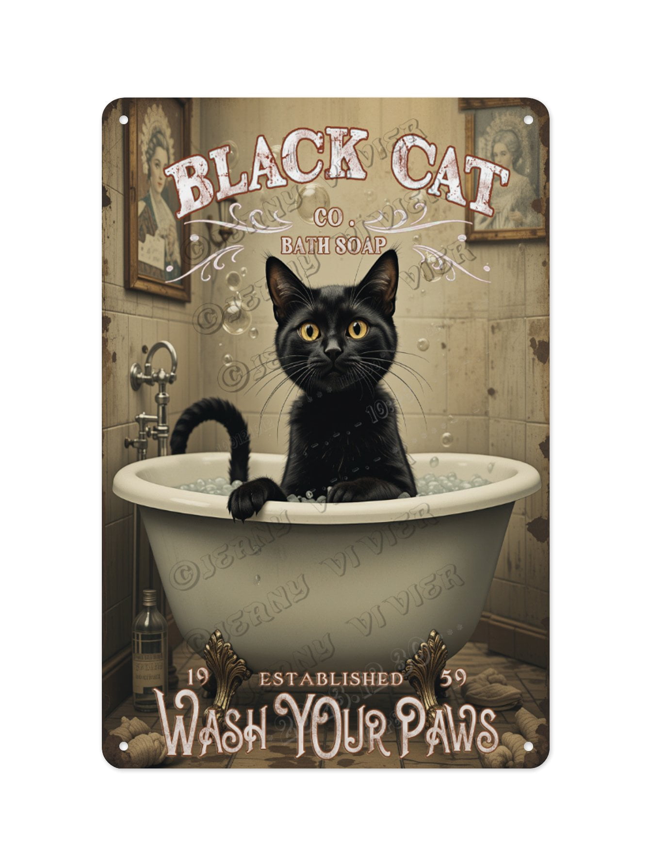 Vintage Black Cat Wash Your Paws Tin Sign 8 x 12 Inches - Charming Wall ...