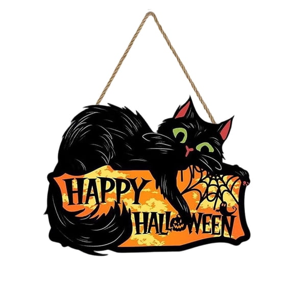 Vintage Black Cat Wood Door Plaque Halloween Themed Decor For Yard Porch Indoor Outdoor Scene Layout