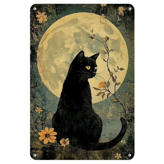 Vintage Black Cat under Full Moon Metal Painting Card, Cafe, Den, Home decor, Mystery theme, Magic Shop wall decor, 8x12 inches