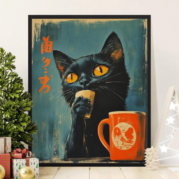 Vintage Black Cat with Coffee Cup Poster, Retro Cat Art Print, Quirky Coffee Lover Decor, Feline Wall Art, Cat Lover Gift, 8x12