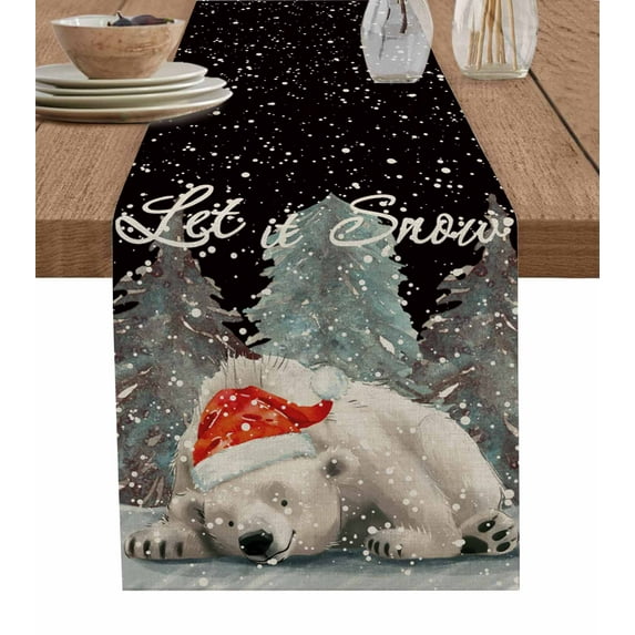 Vintage Black Christmas Burlap-Cotton Table Runner 108 Inches Long,Xmas Bear Tree Snowflake Farmhouse Table Runners,Outdoor Dining Tablecloths Decor for Baby Shower Party Wedding 13x108