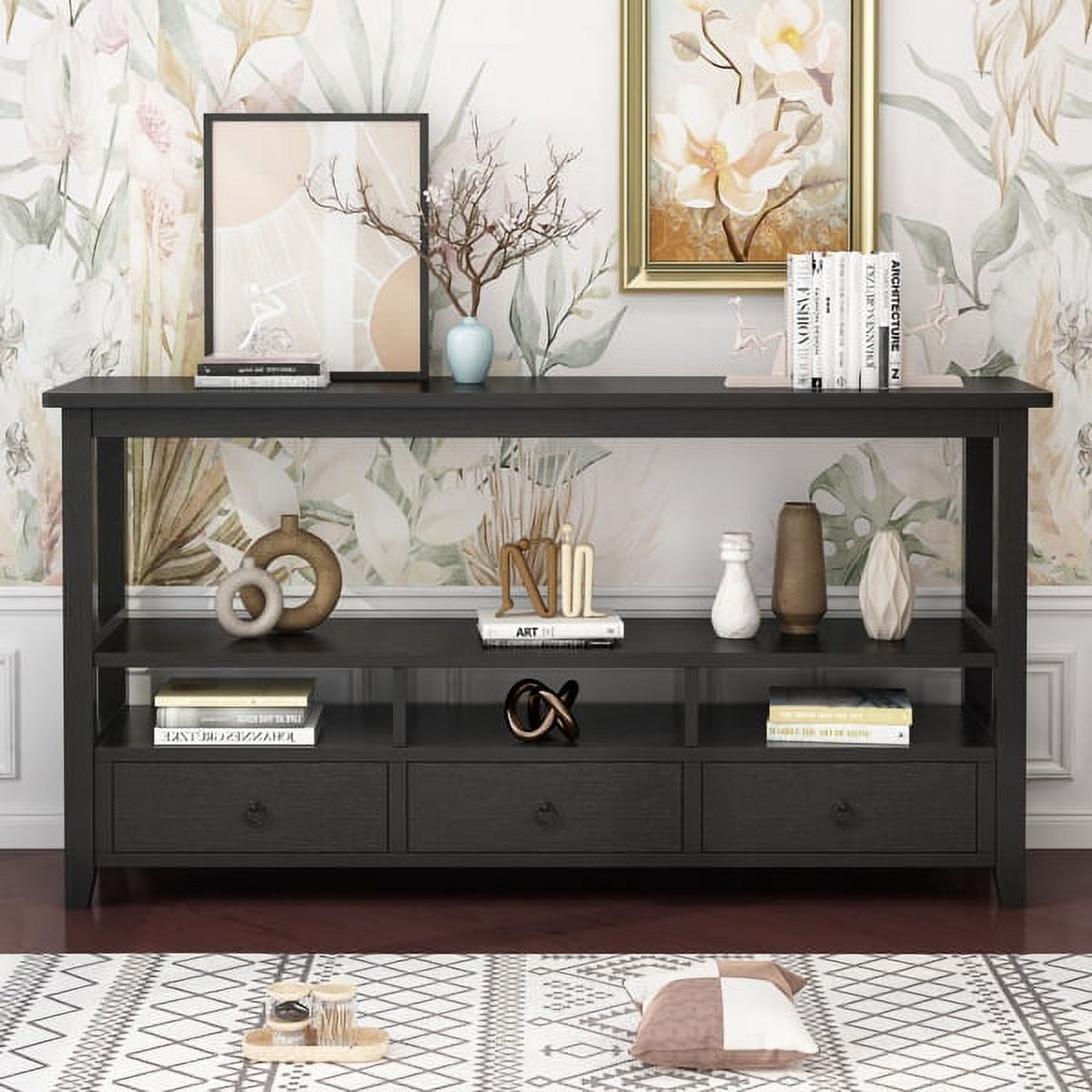 Vintage Black Console Table, 57.9" Sofa Table with 4 Drawers & Open Shelf, 200lb Capacity for Entryway, Living Room Behind Couch, Bedroom