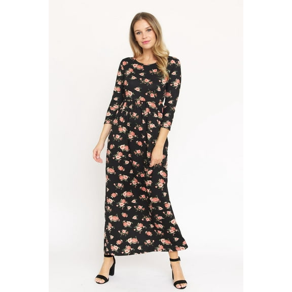 Vintage Black Coral Bouquet Floral 3/4 Sleeve Maxi Dress