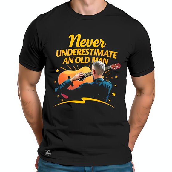 Vintage Black Cotton Short Sleeve T-Shirt with Guitarist Design & " Never Underestimate An Old Man " Text Bold Yellow Lightning & Stars