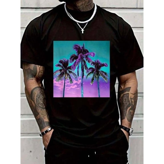 Vintage Black Cotton T-Shirt with Palm Tree Graphic, Turquoise Teal Purple Print, Oversized Funny Shirt for Men, Printed in USA