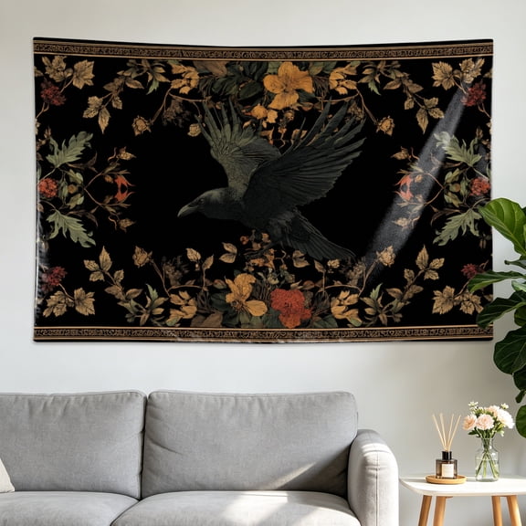 Vintage Black Crow Floral Botanical Wall tapestry，Large size Printed Horizontal Tapestry blanket，Polyester Fabric Wall Hanging for bedroom，living room，Gift for Family and Friends