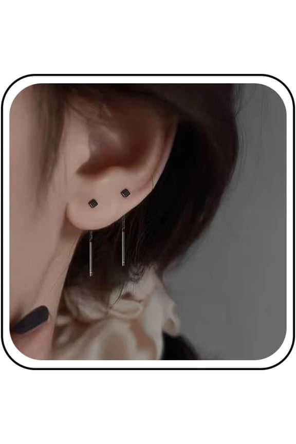 Vintage Black Cubic Threader Earrings Black Line Threader Chain Earrings Black Threader Chain Drop Earrings Long Pull Through Earrings Jewelry for Women